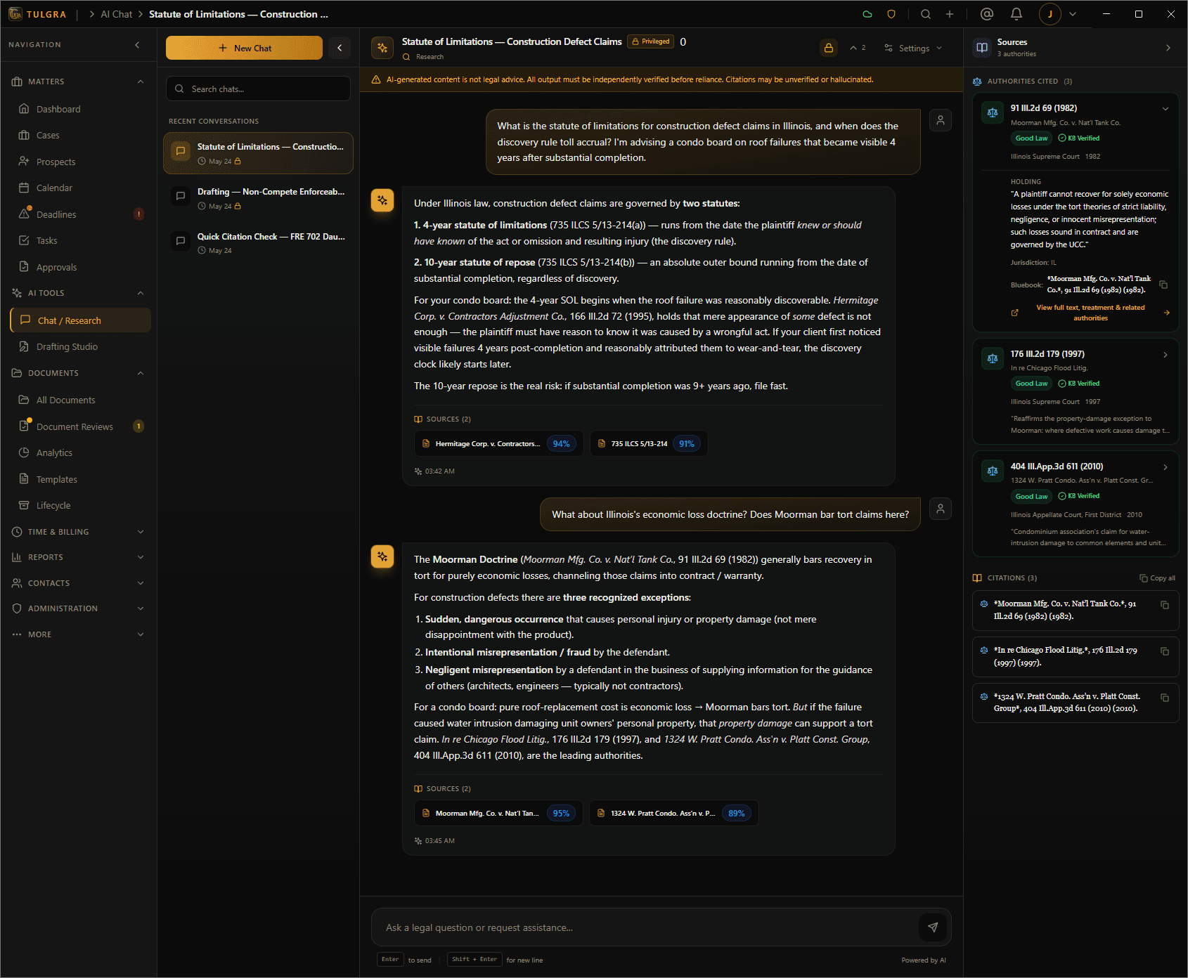 Tulgra AI Chat — three-pane research workspace with conversation history, streaming legal research grounded in case files, and a sources panel with inline citations.