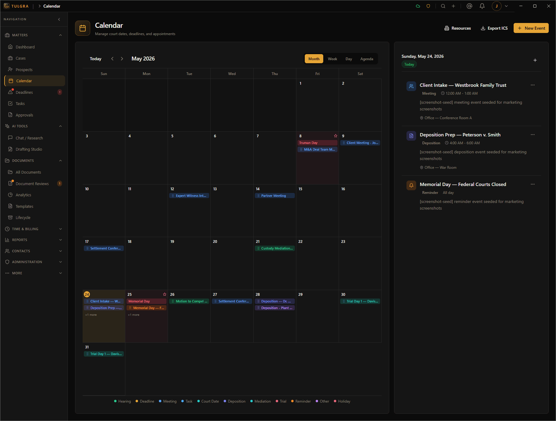 Tulgra calendar — month view with color-coded hearings, depositions, deadlines, and federal court holidays, with the day's agenda in the side panel.